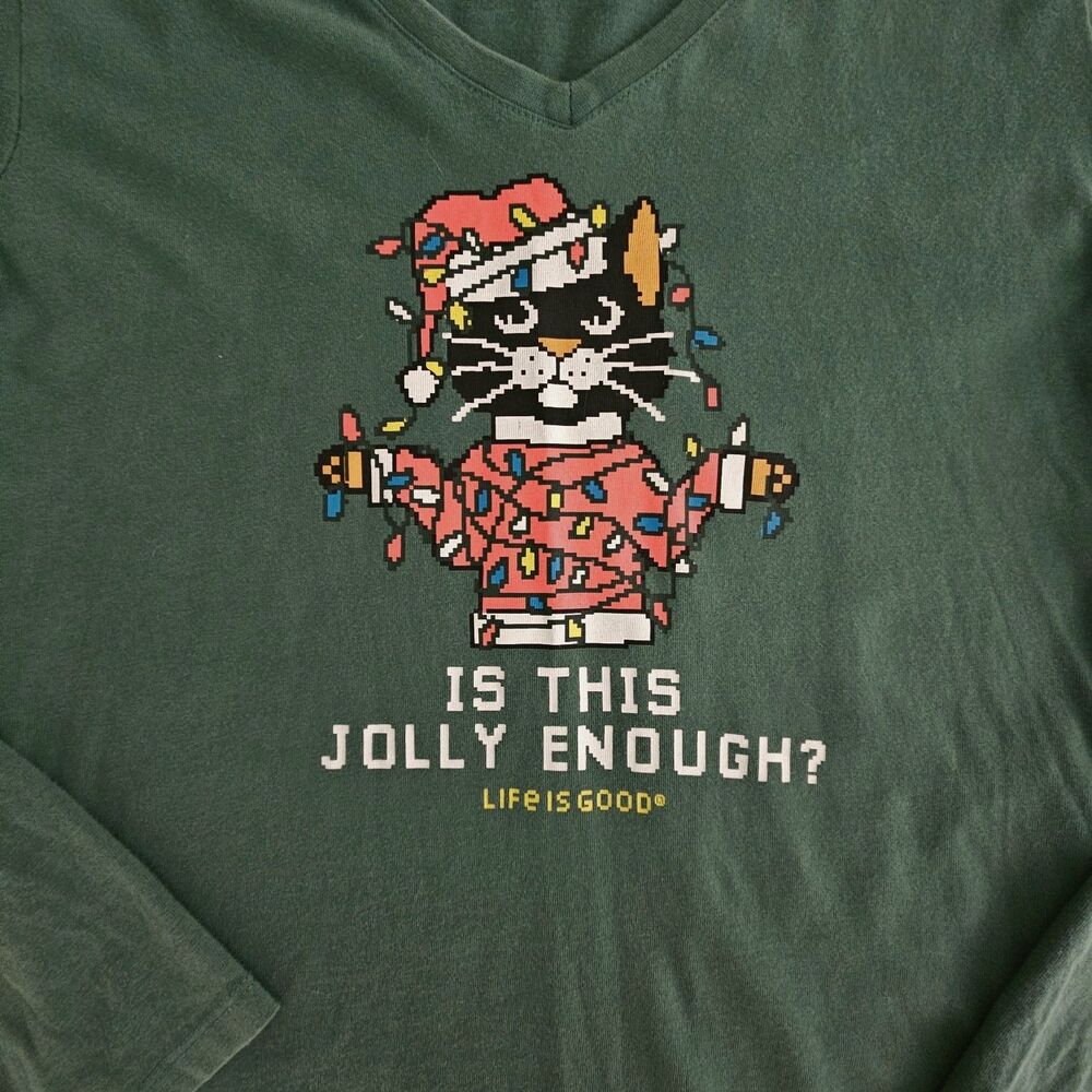 Life is Good Grumpy Christmas Cat Long Sleeve Crusher Tee Size L Green